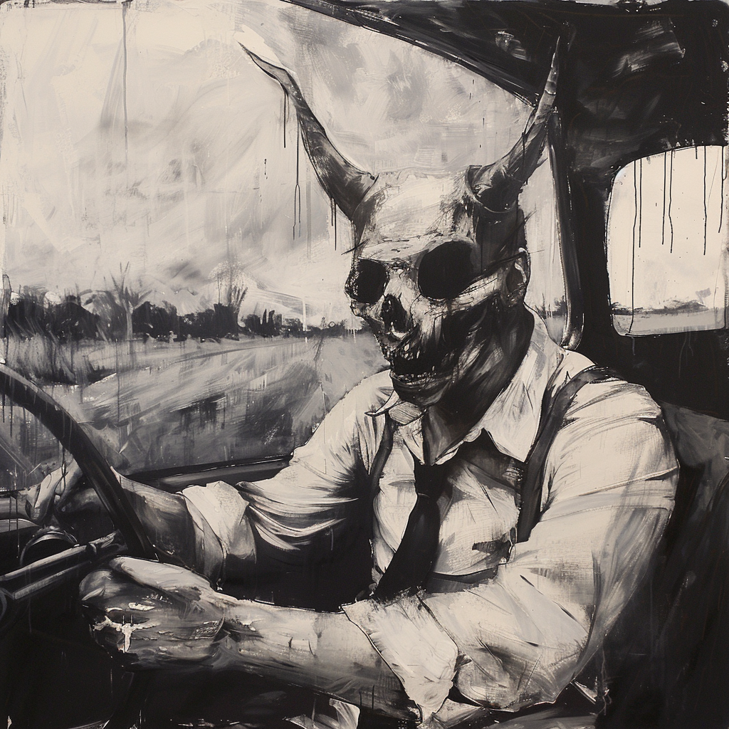 Devil in suit driving car