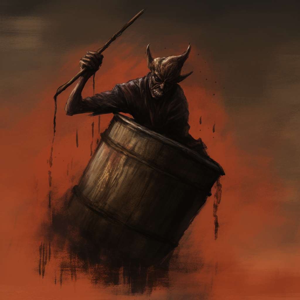 Devil tipping over a barrel of flaming tar