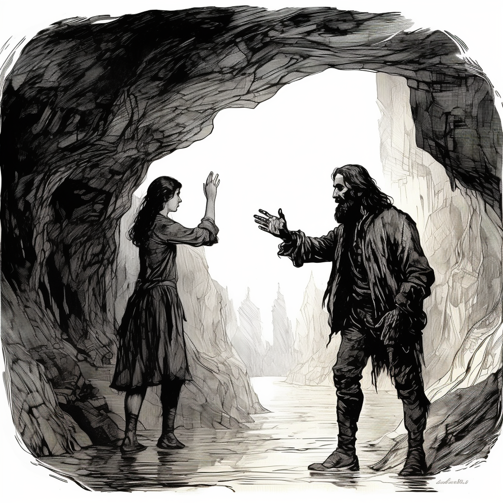 Devil man pointing to woman in front of cave