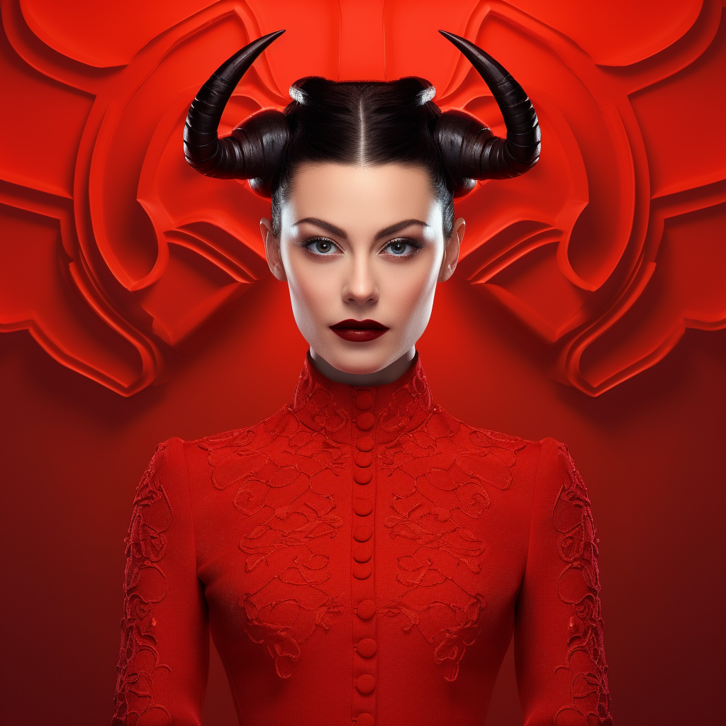 Beautiful woman with devil horns on red background