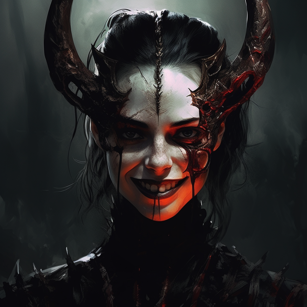 Portrait of devilish woman with black eyes and horns