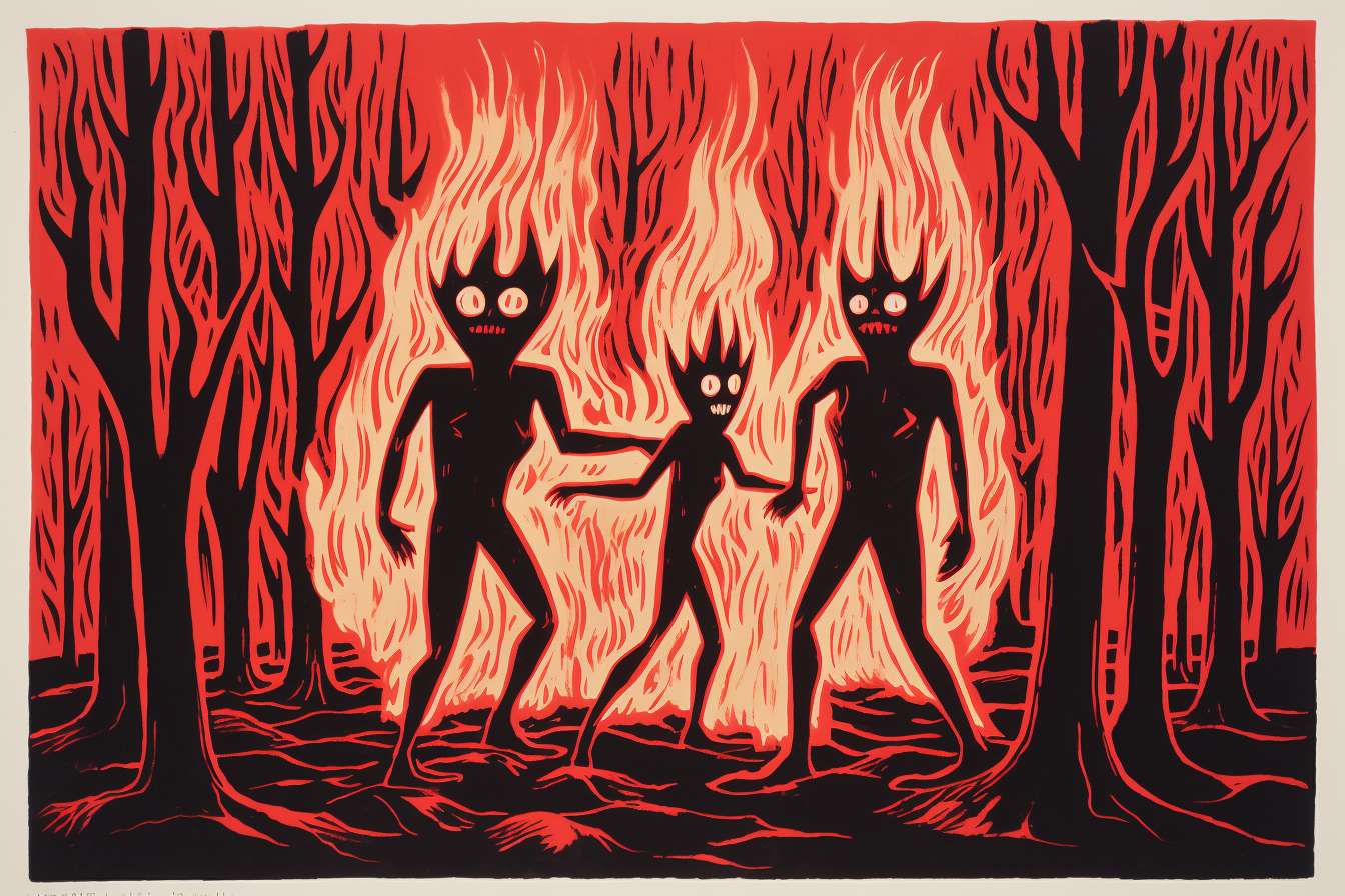 Linocut print of devils dancing in forest fire