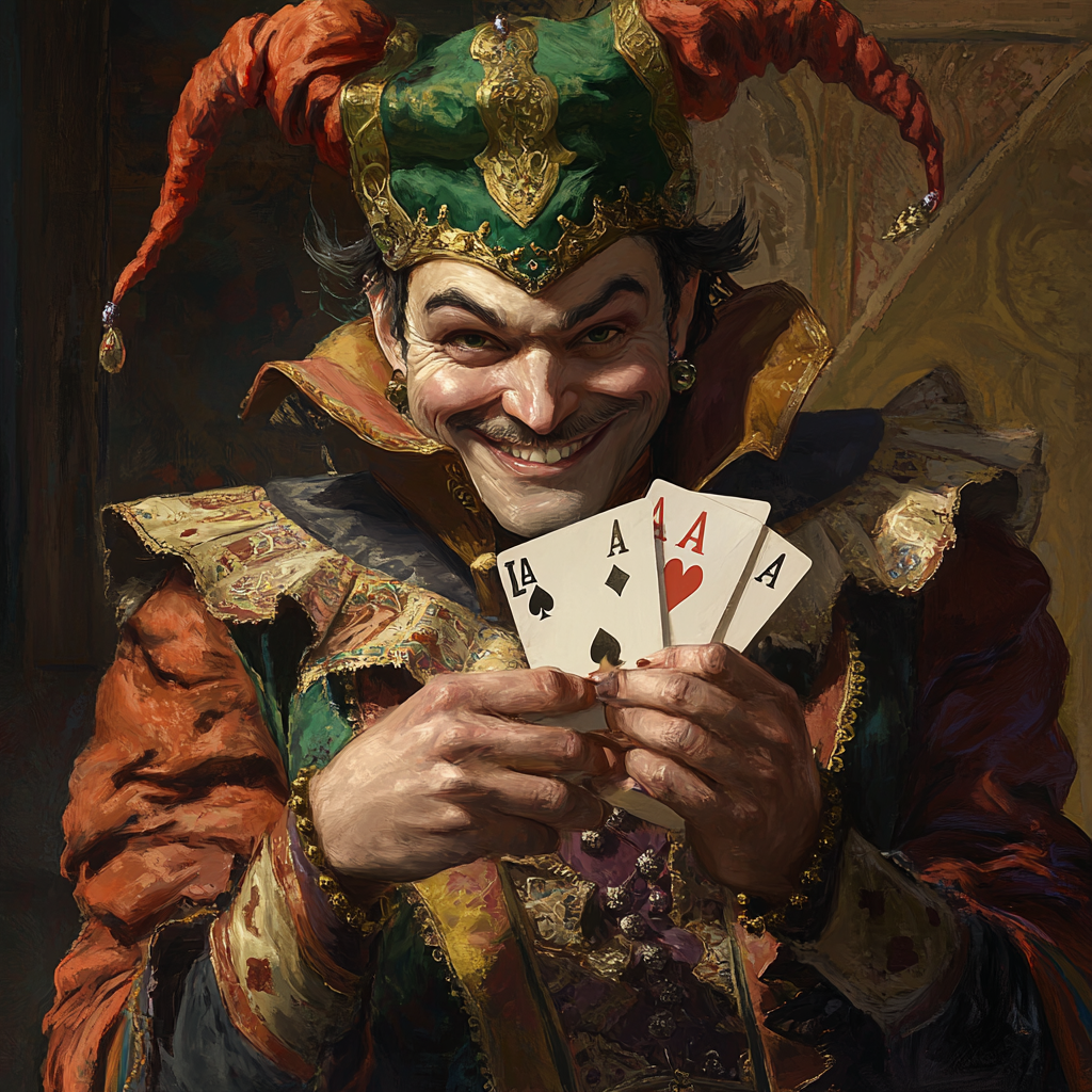 devious man in court jester attire with magical cards