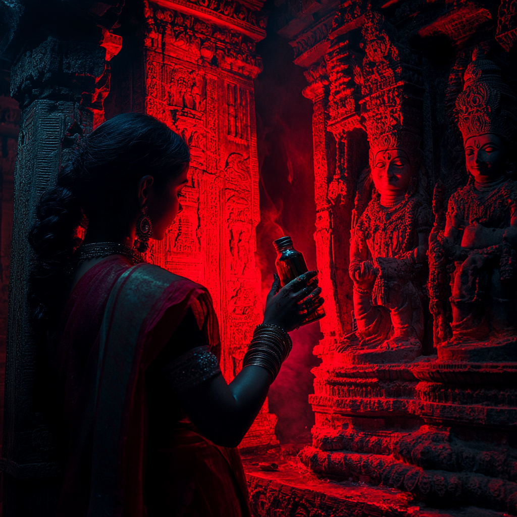 Lady devotee offering honey to Goddess Durga