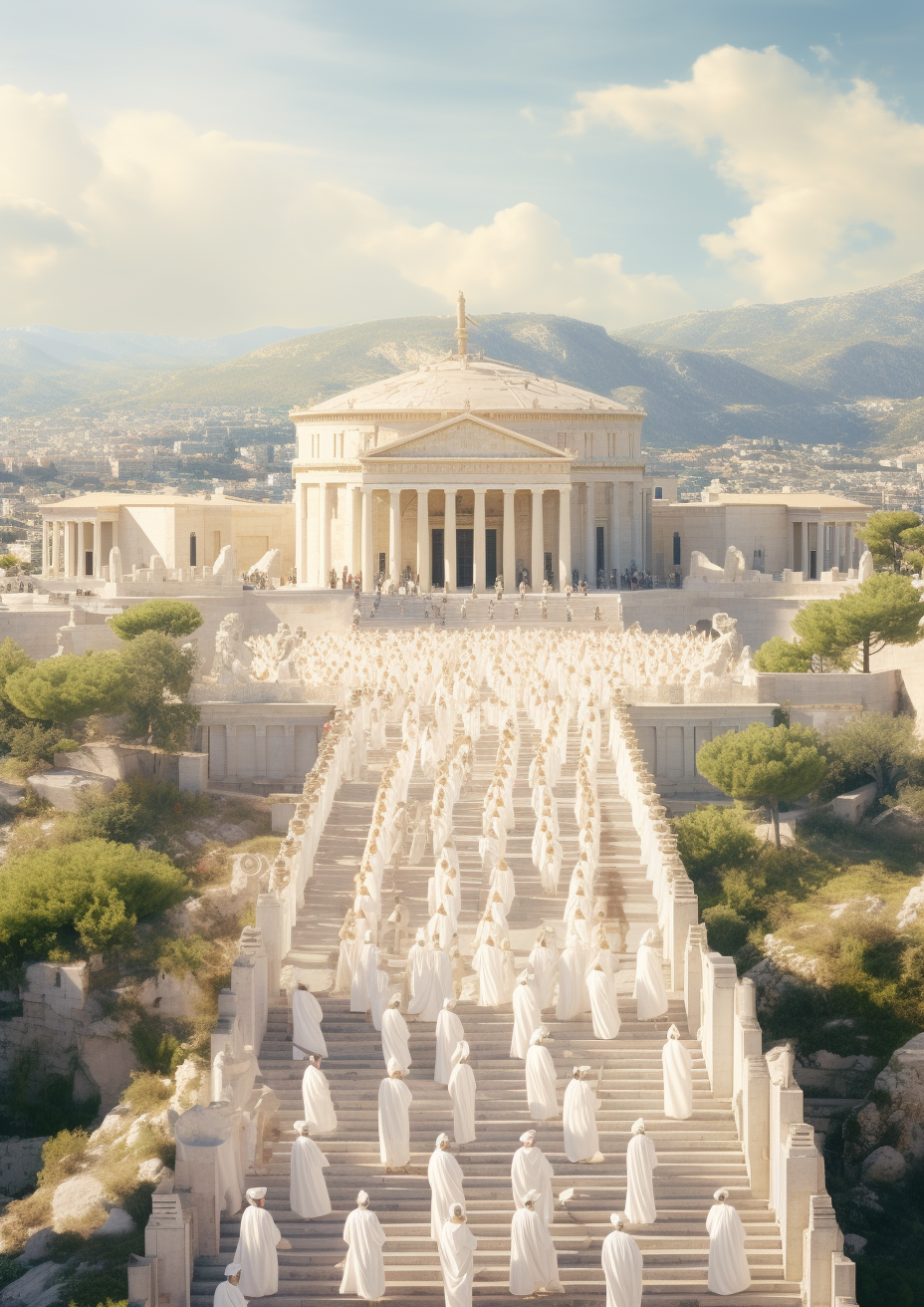 Devotees marching in ivory robe at weird-looking Greek temple