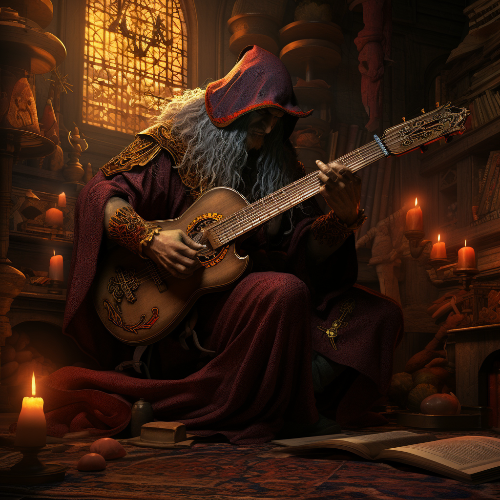 Dhampir warlock musician playing a magical instrument