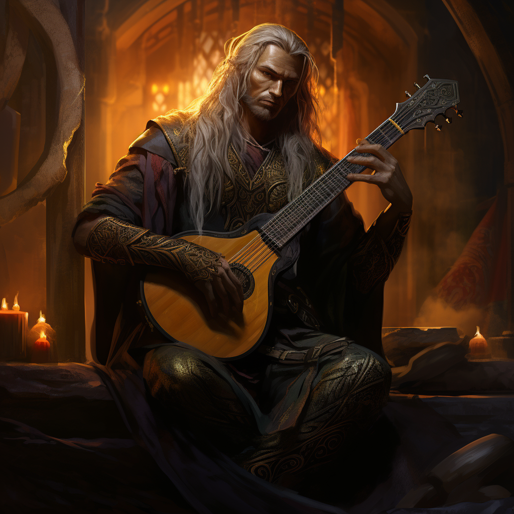 Dhampir Warlock Musician Playing Lyre Fantasy Art