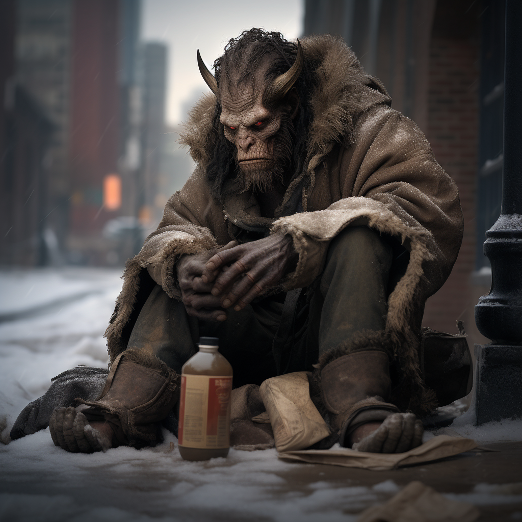 Cute homeless person begging for money with Diablo inspiration