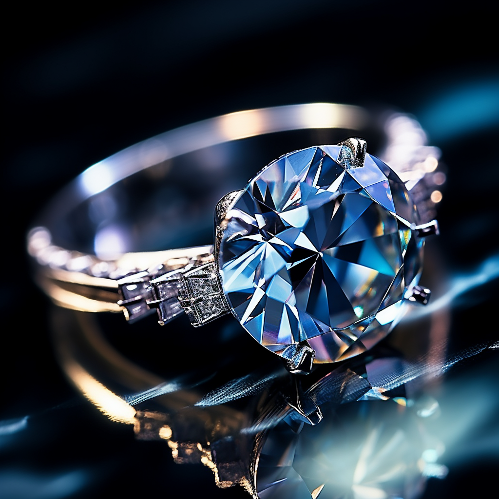 Diamond ring sparkling under blue lighting