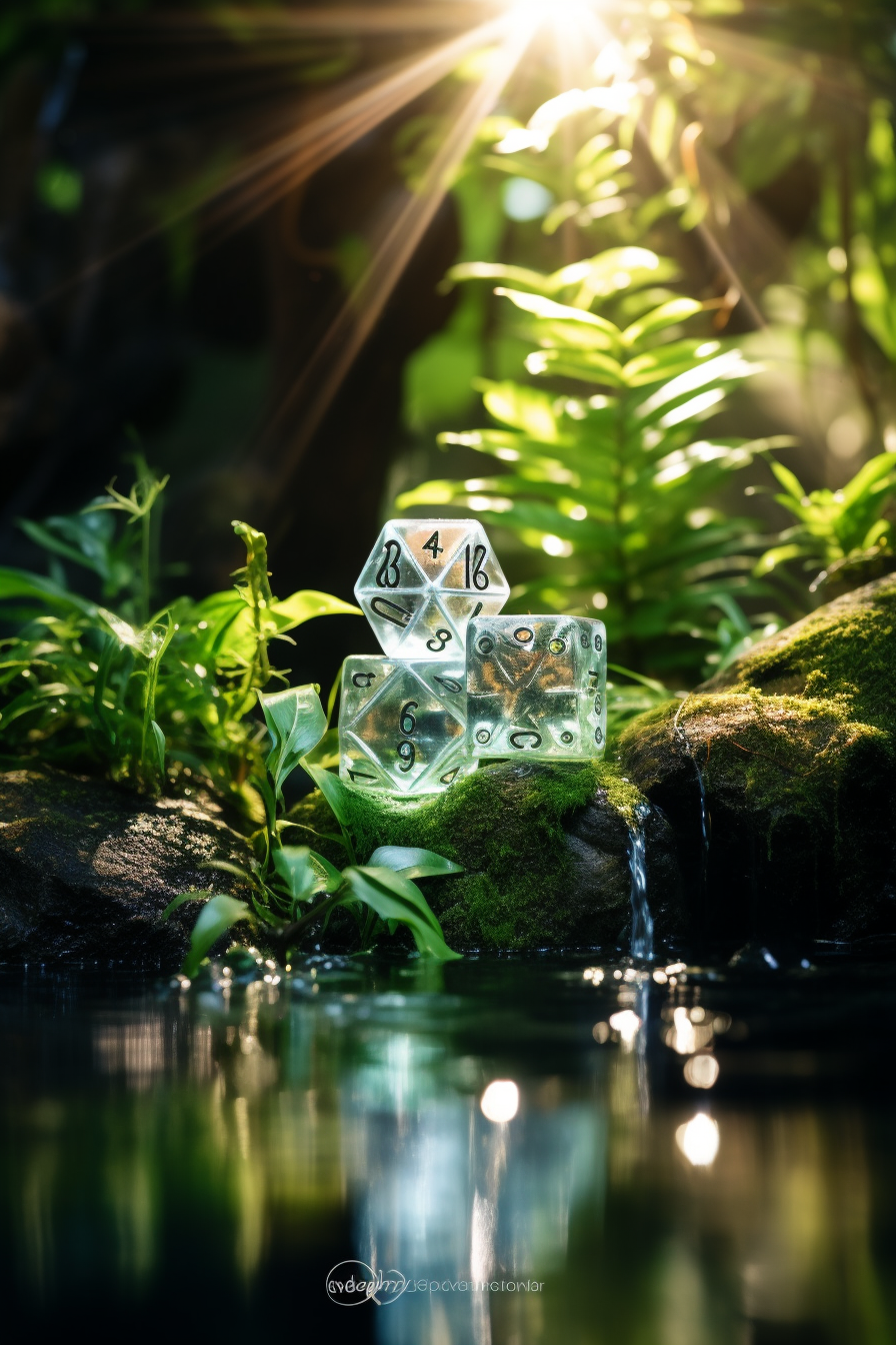 Dice on plants and rocks in water