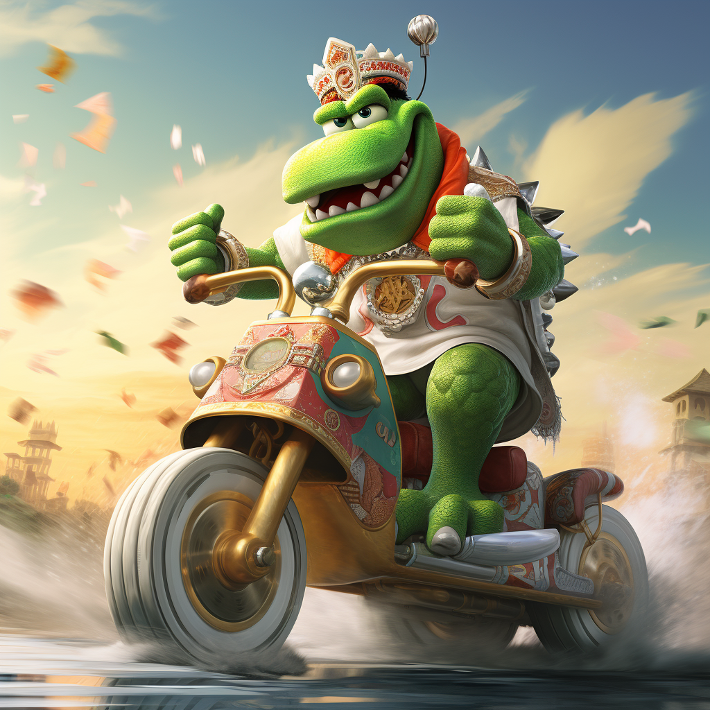 Diddy King riding Yoshi in a thrilling video game