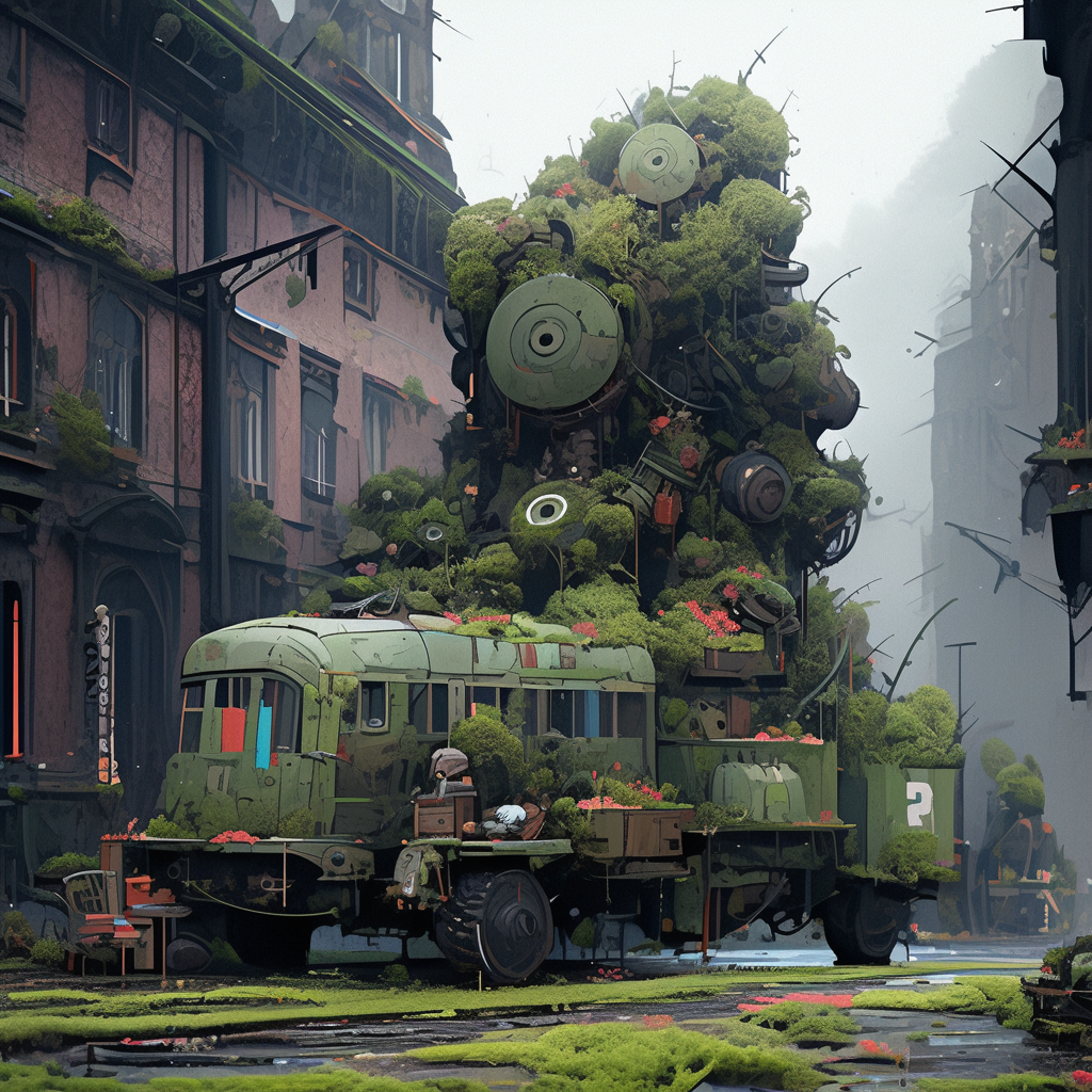 Dieselpunk machine covered in moss