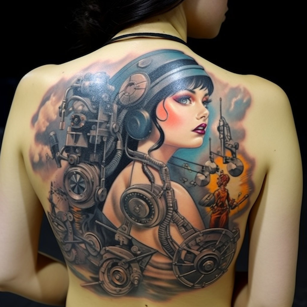 Dieselpunk tattoo on a flat surface