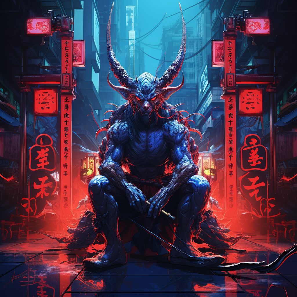 Blue Oni with Sword in Neon Tokyo Shrine