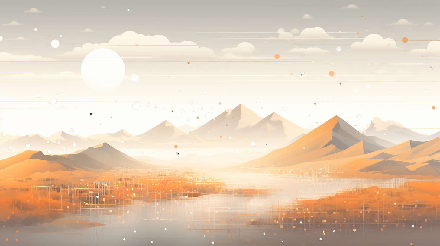 Horizon filled with digital code, geometric shapes, and AI symbols