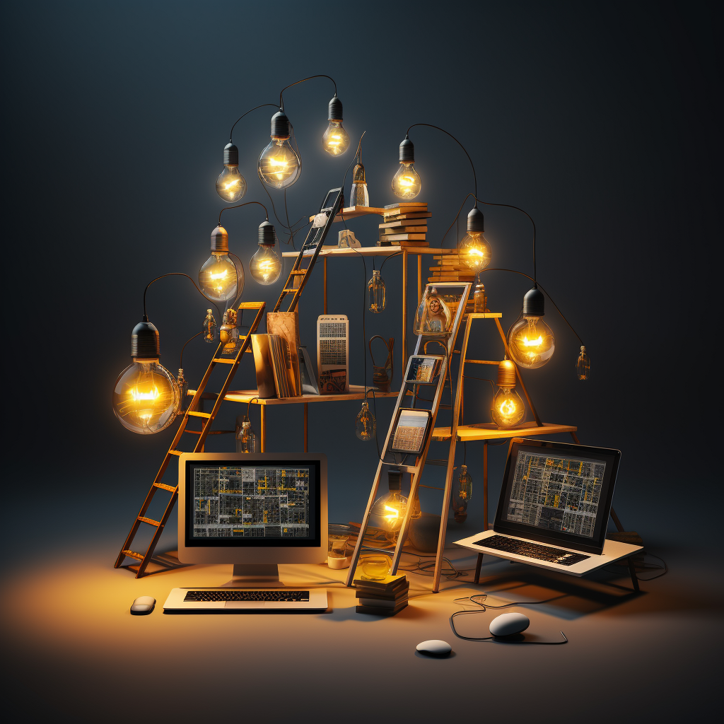 Various digital devices with idea lightbulbs