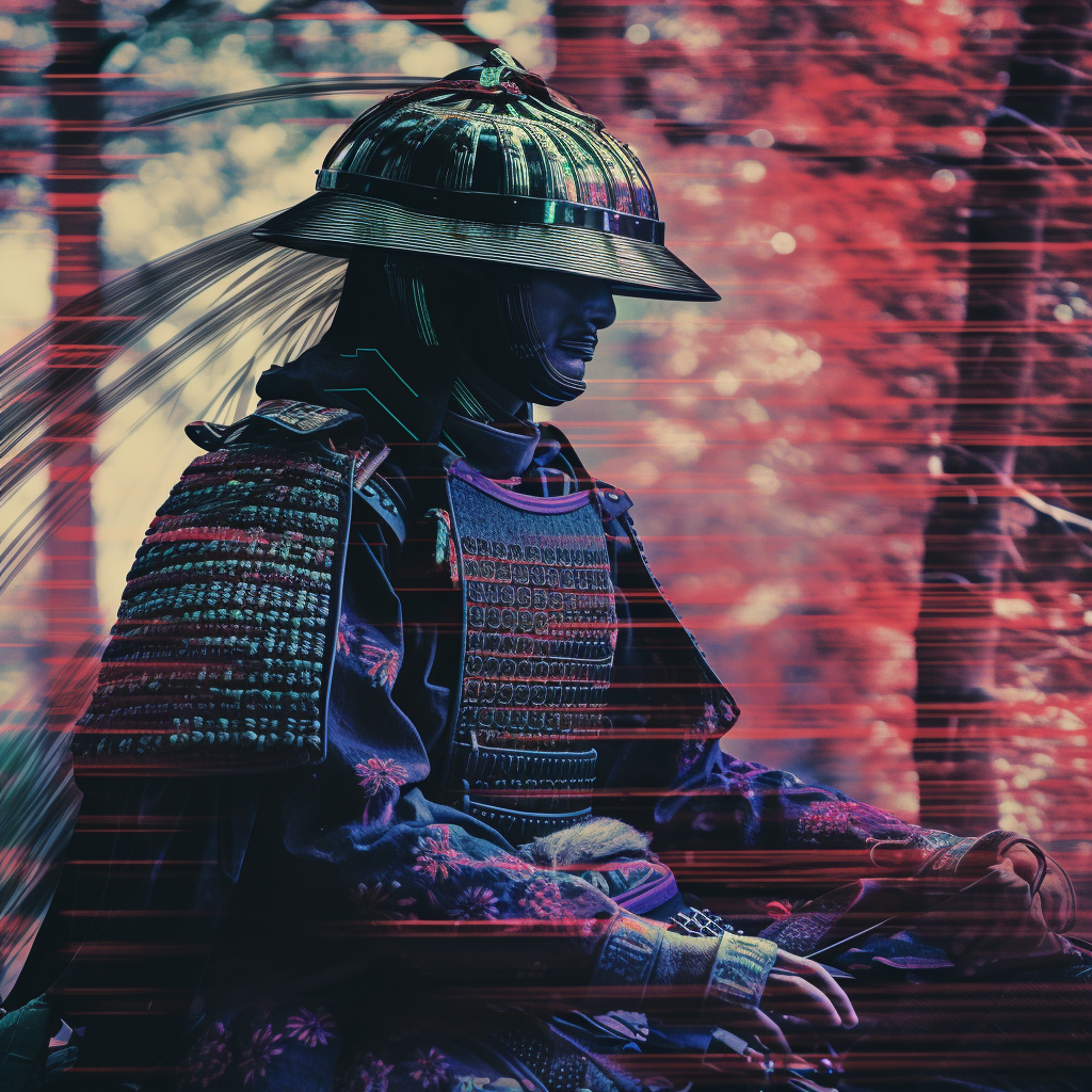 Digital glitch noise old samurai photo