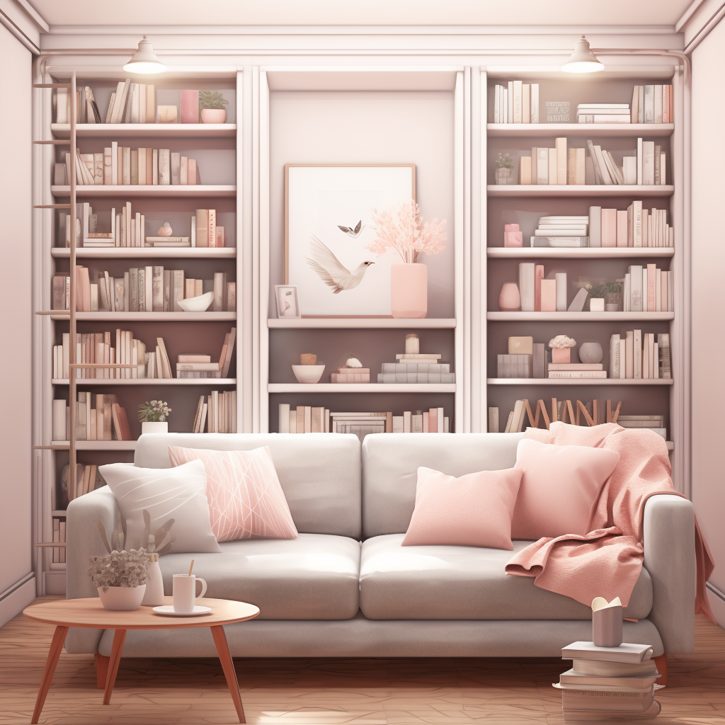 Home Library Digital Illustration in Soft Pink Gray White