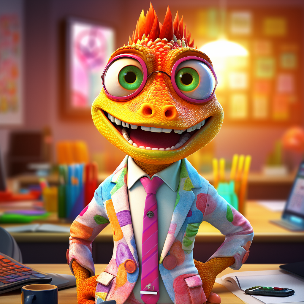 Anthropomorphic chameleon digital marketing manager in dynamic scene