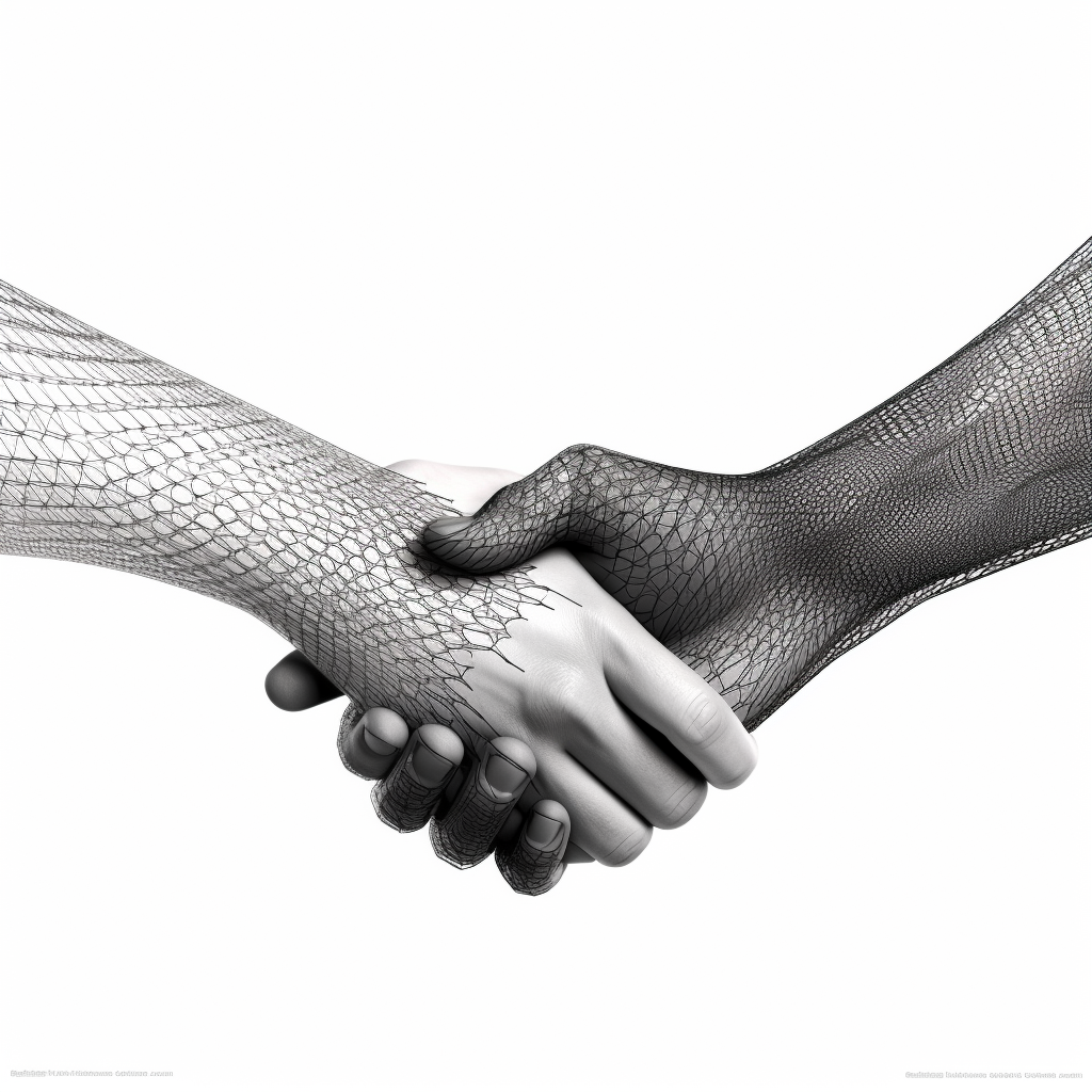 Businessman shaking hands with digital mesh hand