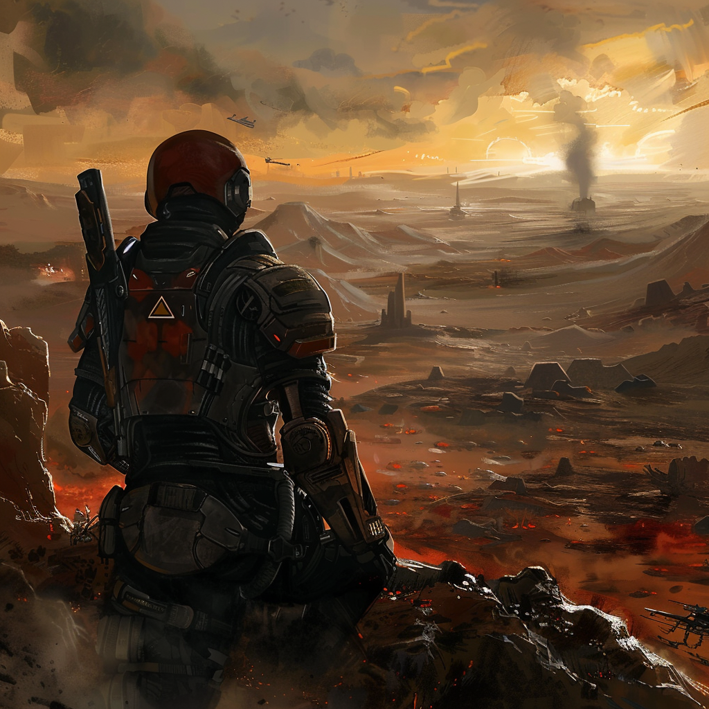 soldier overlooking sci-fi landscape