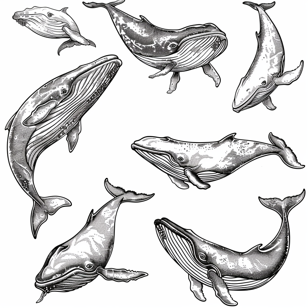 Black white whales stamp set