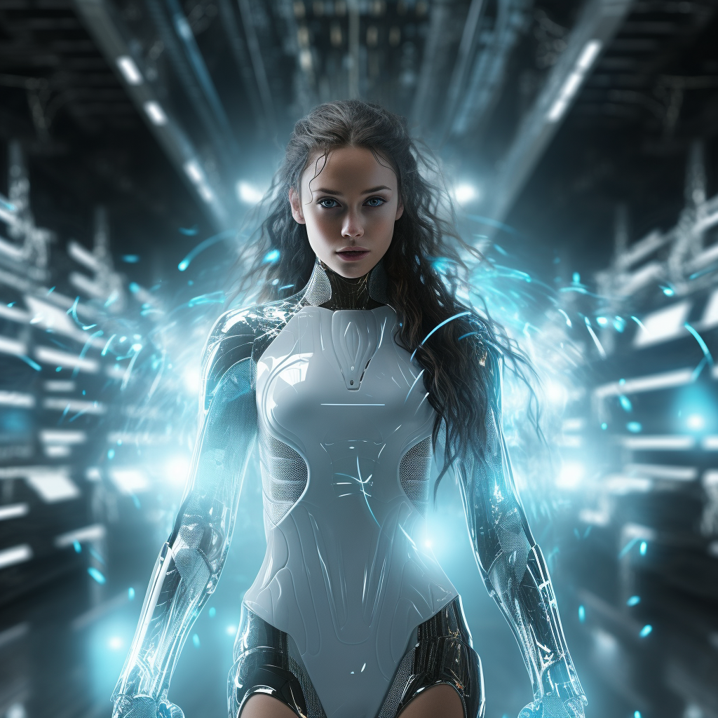 Futuristic Valkyrie emerging from digital cloud