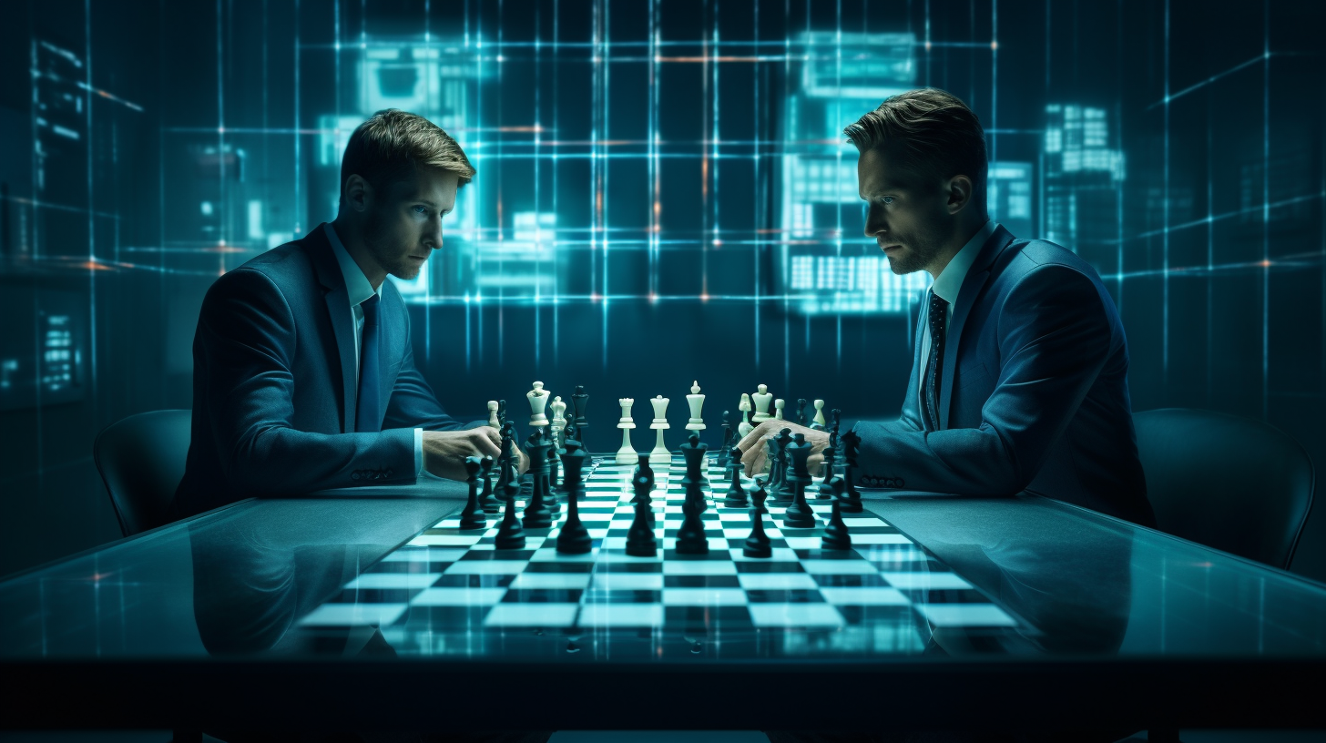 Two businessmen competing in a digital chess game