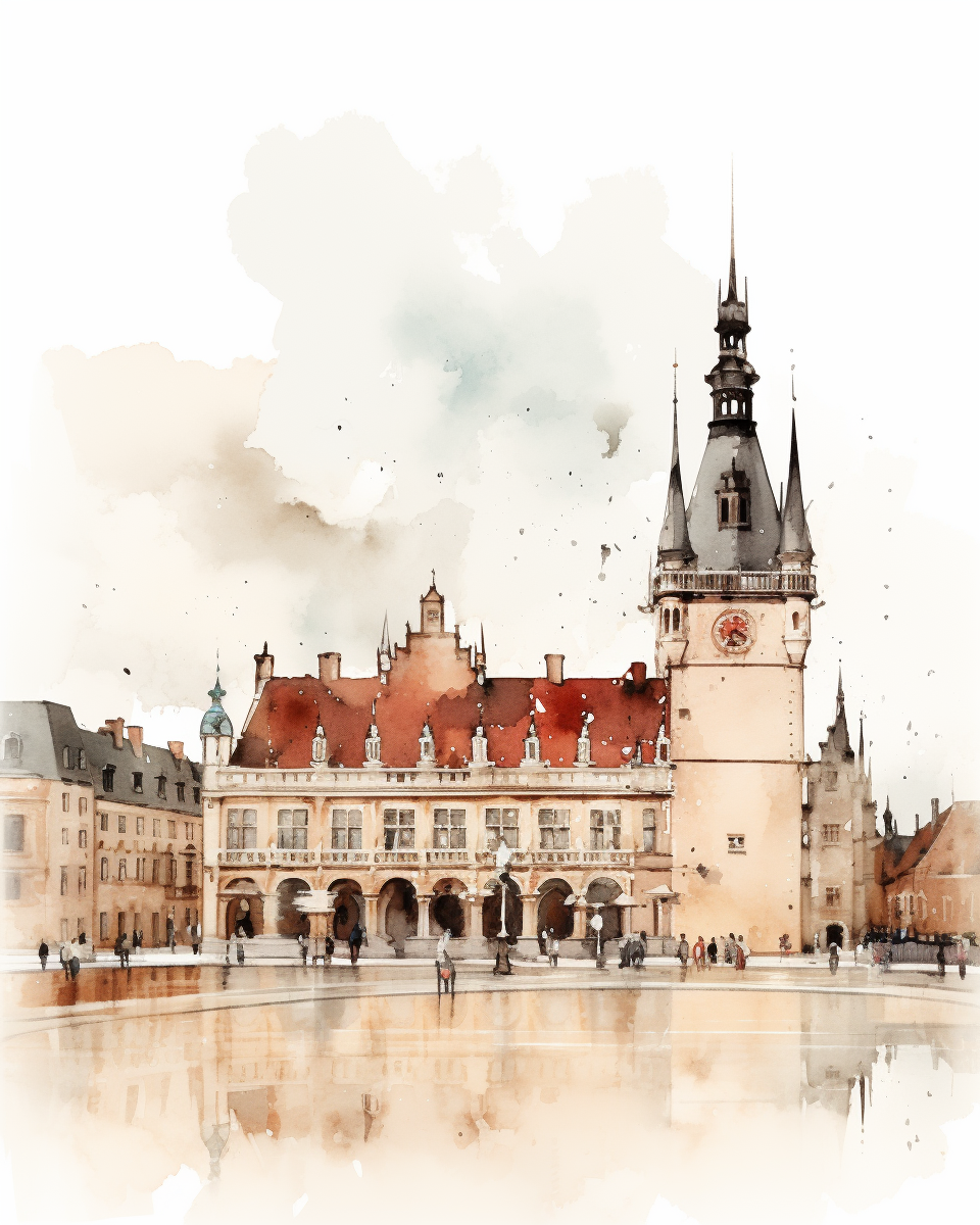 Minimalist watercolor sketch of Dijon main square