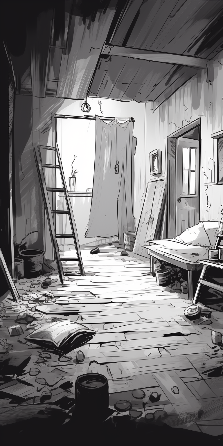 A charming cartoon illustration of dilapidated indoor environments