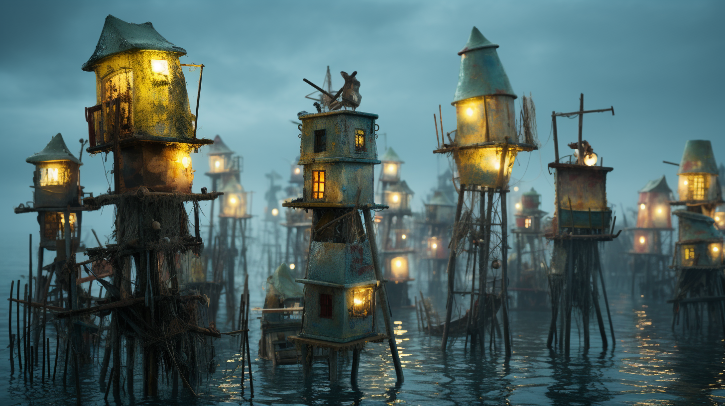 Mystical dilapidated wooden lighthouse surrounded by jellyfish sea