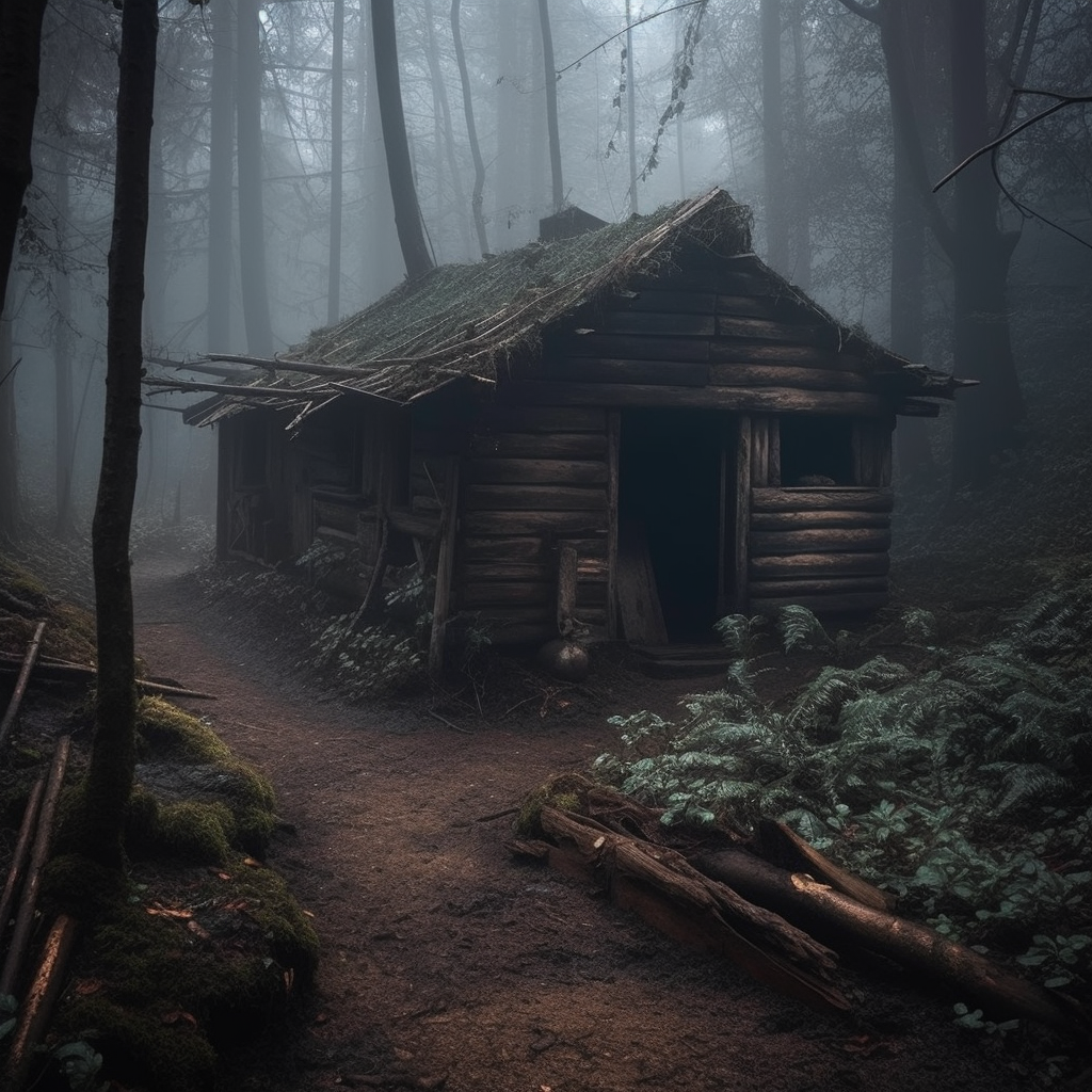 Spooky wooden shack in dark forest