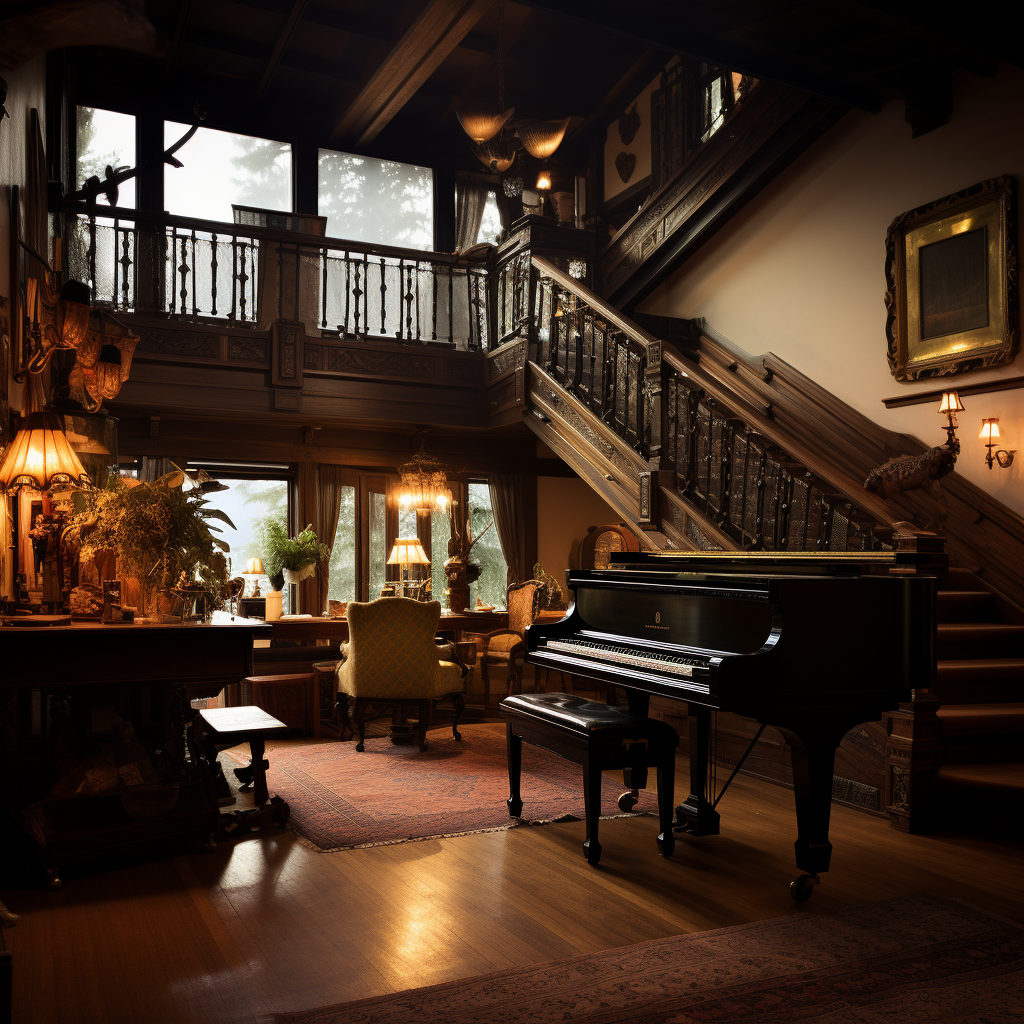 Dimly lit dance hall with piano