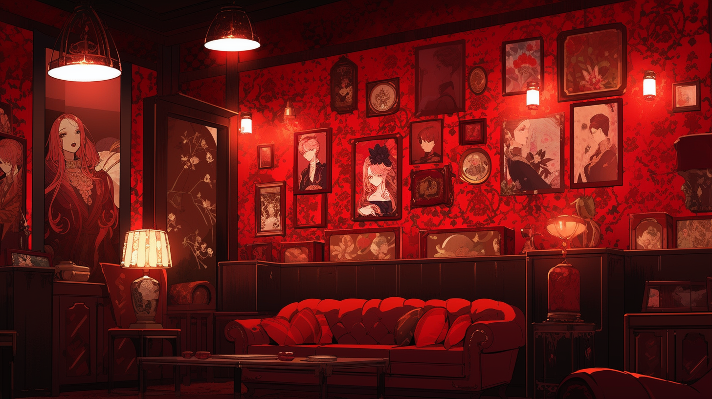 Cozy red sofas in a dimly lit room