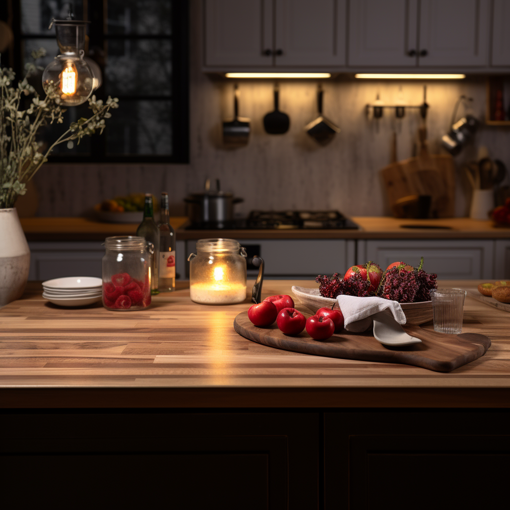 Dimmed wooden kitchen with candle and apple