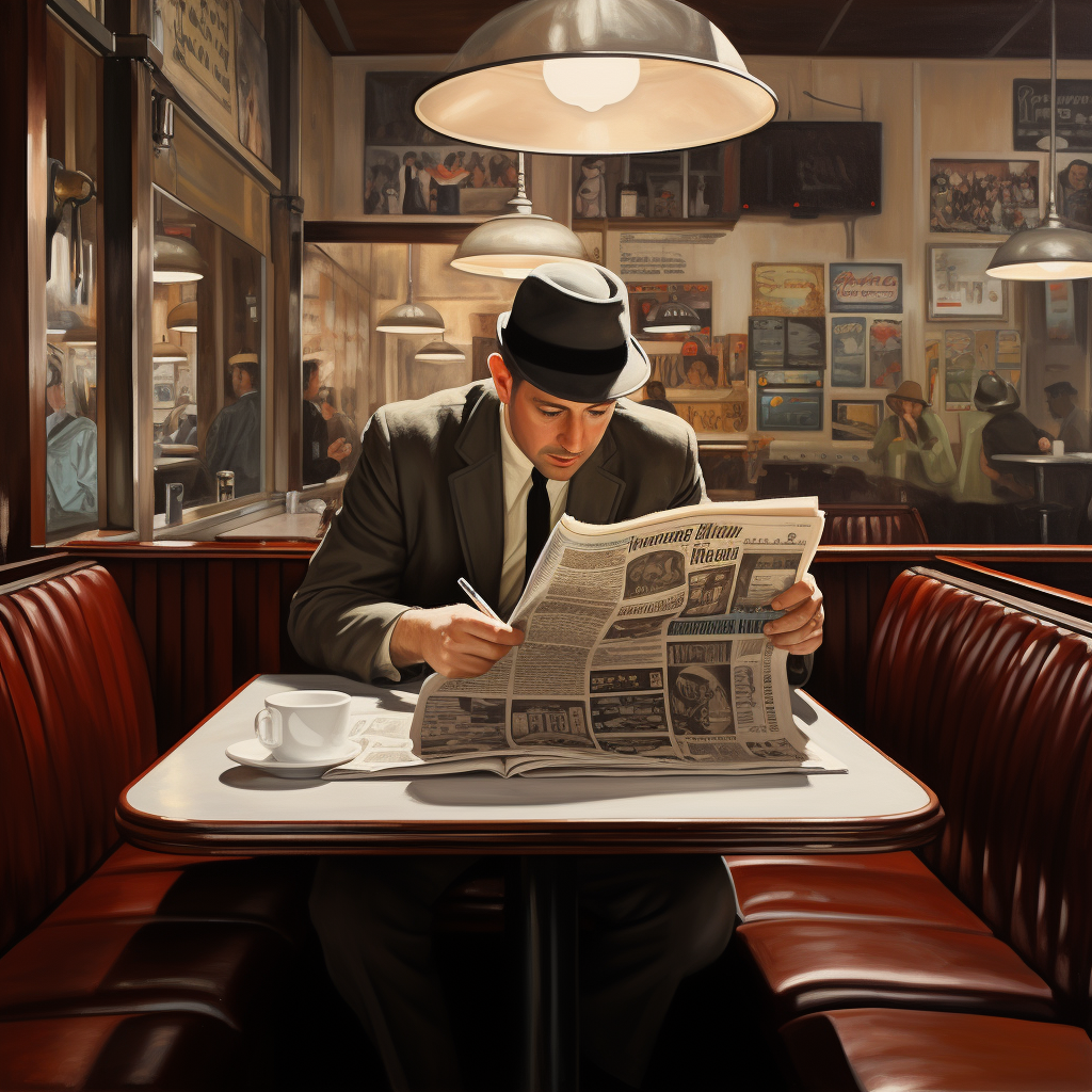 Stylish man enjoying newspaper in diner