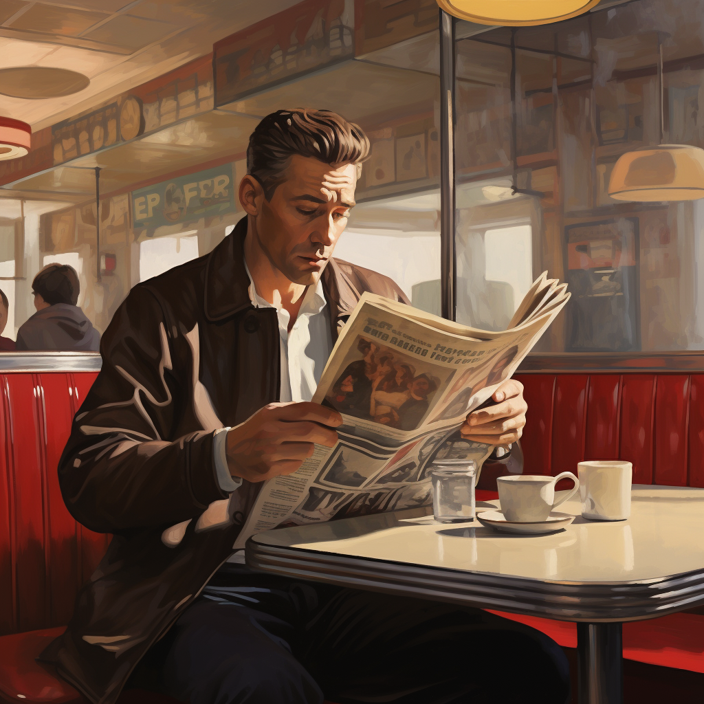 Man reading newspaper in diner