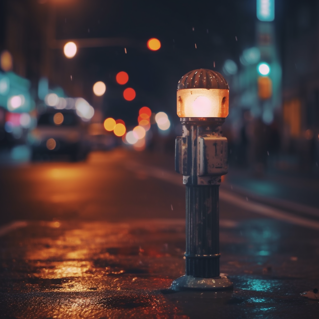 Night city street with bokeh lights on a pole with stickers