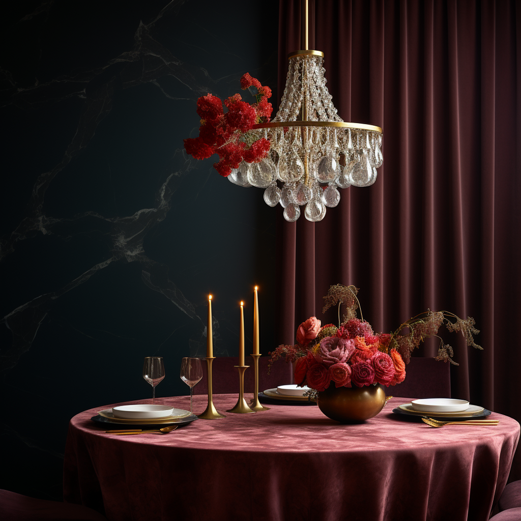 Dining room with marble table and chandelier