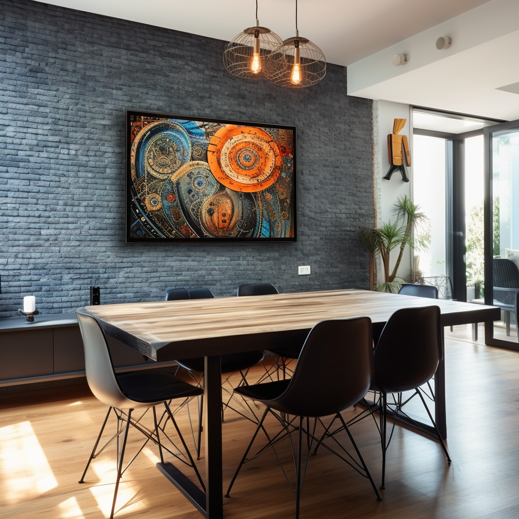 Contemporary dining room table with wall painting