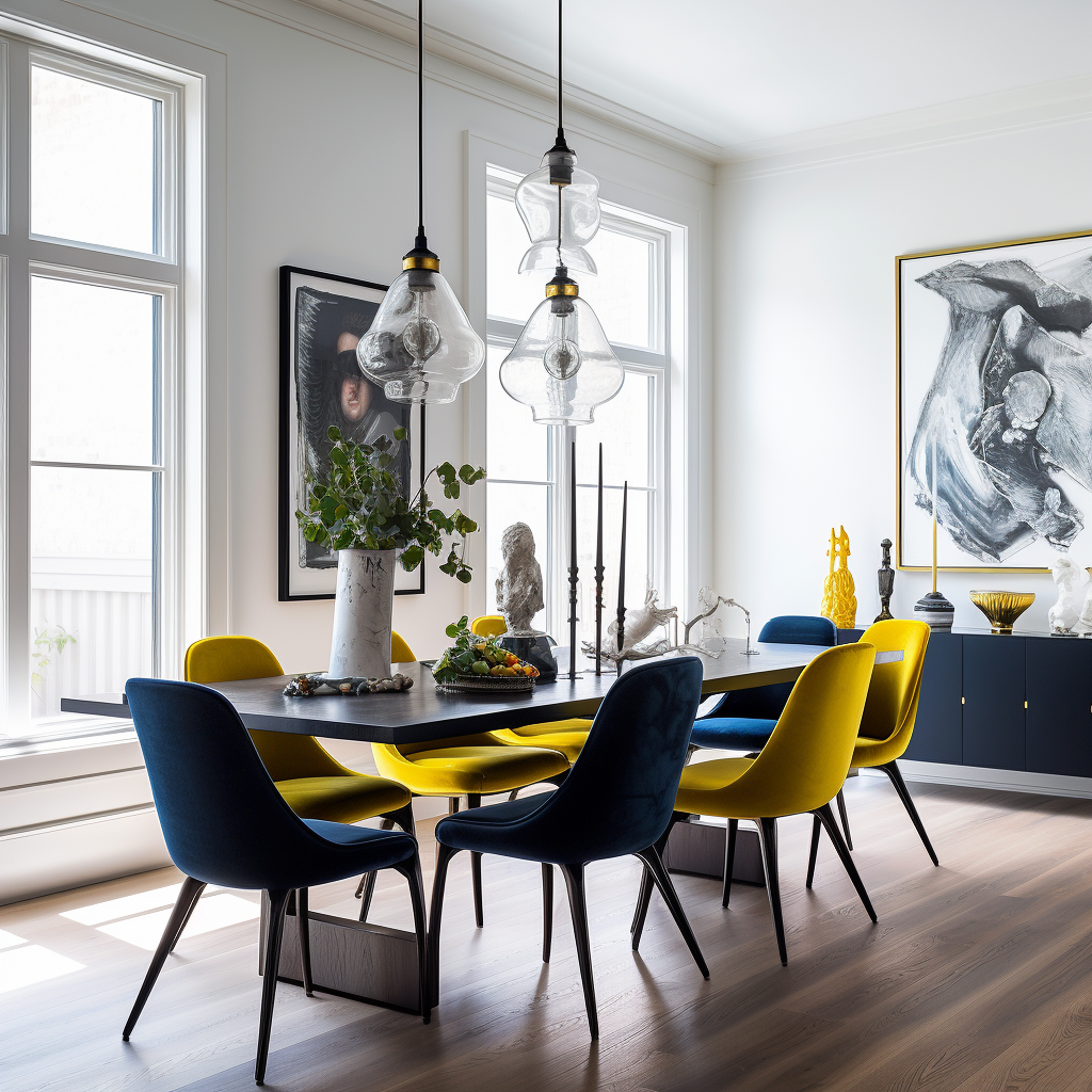 Dining room with navy and citron velvet chairs