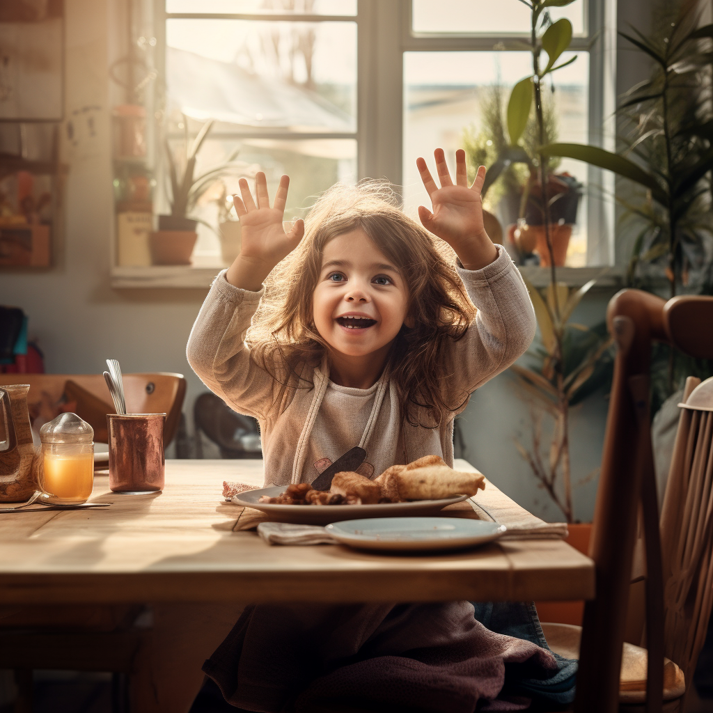 Young girl happily waving legs at dining table