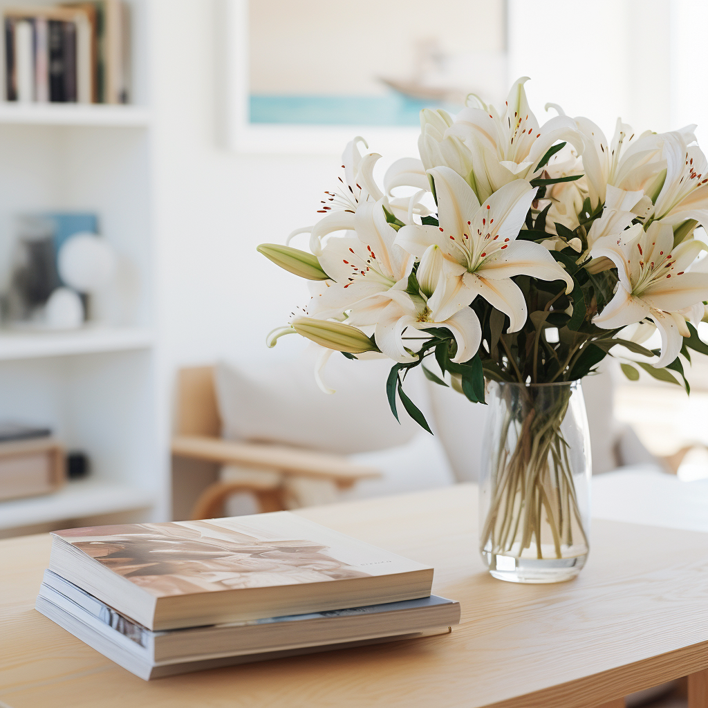 Modern dining table with white lilies