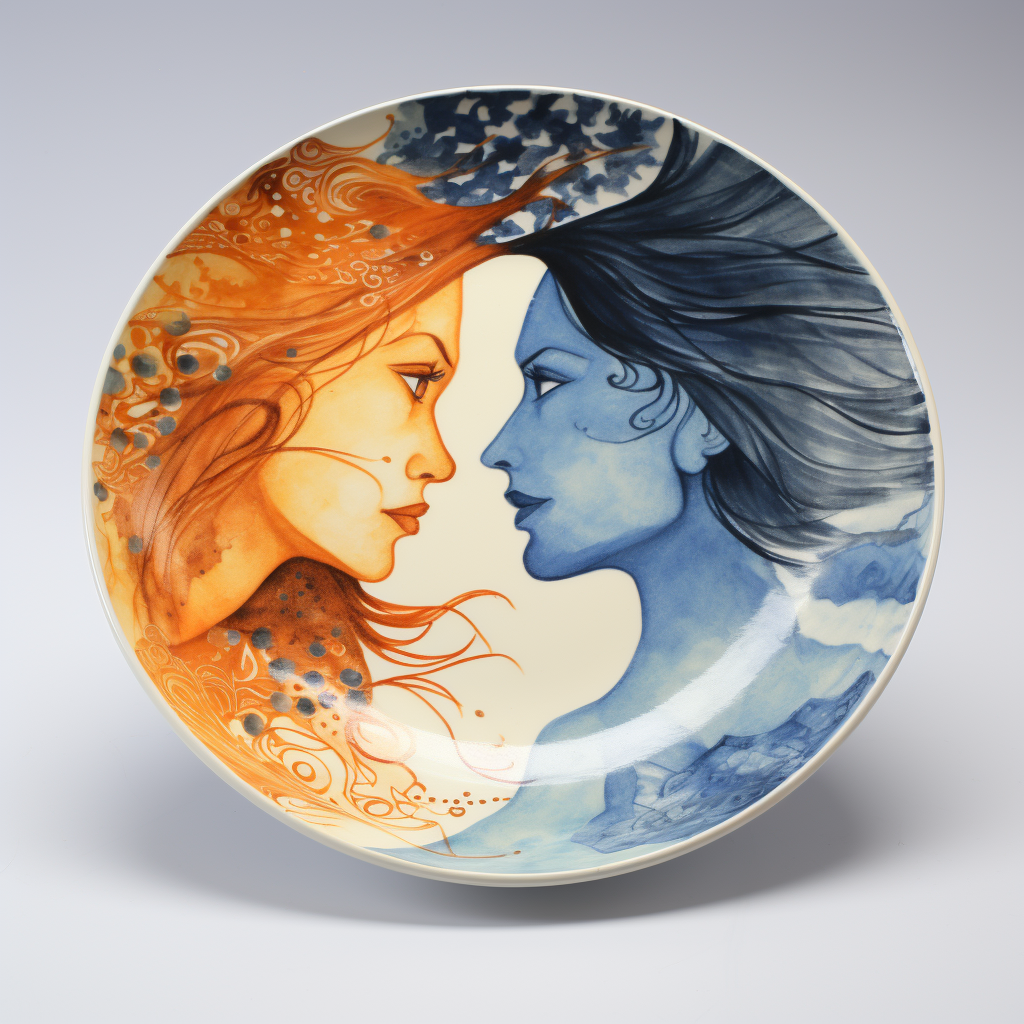 Artistic dinner plate with orange and blue women