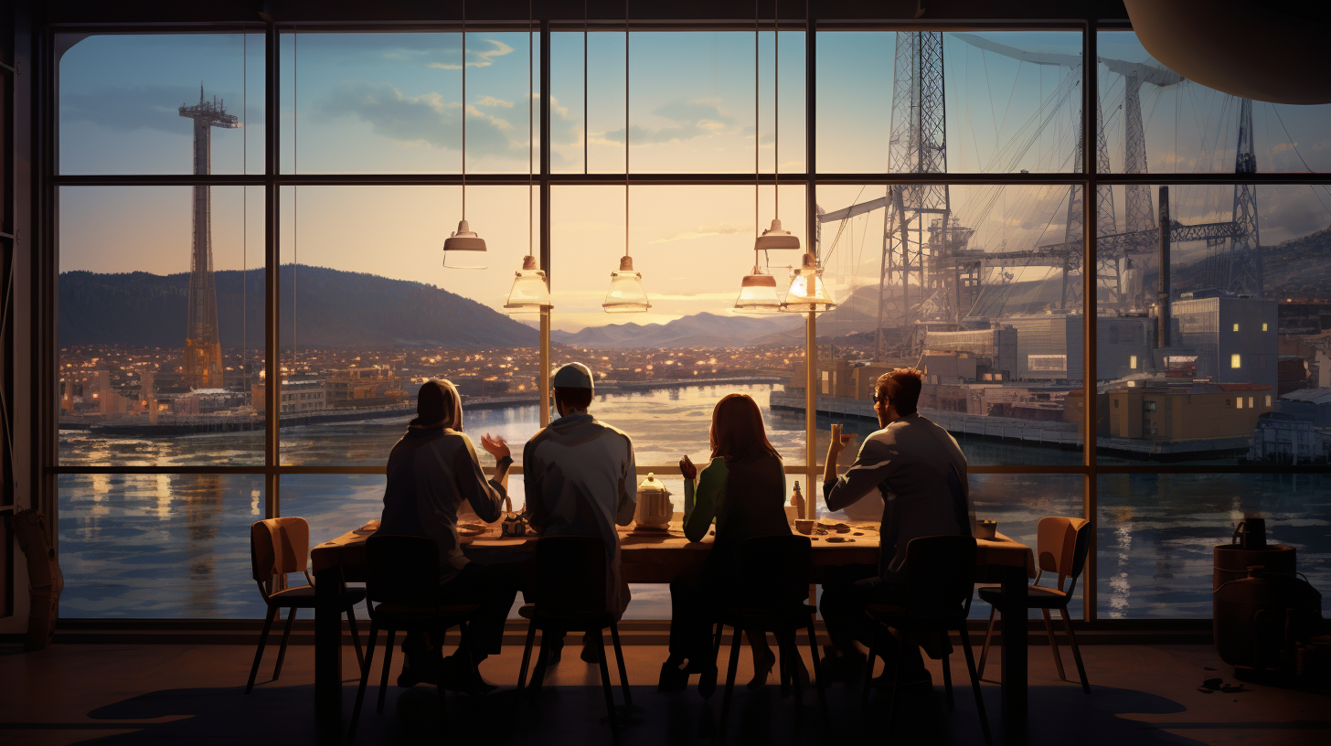 Dinner table with industrial port view