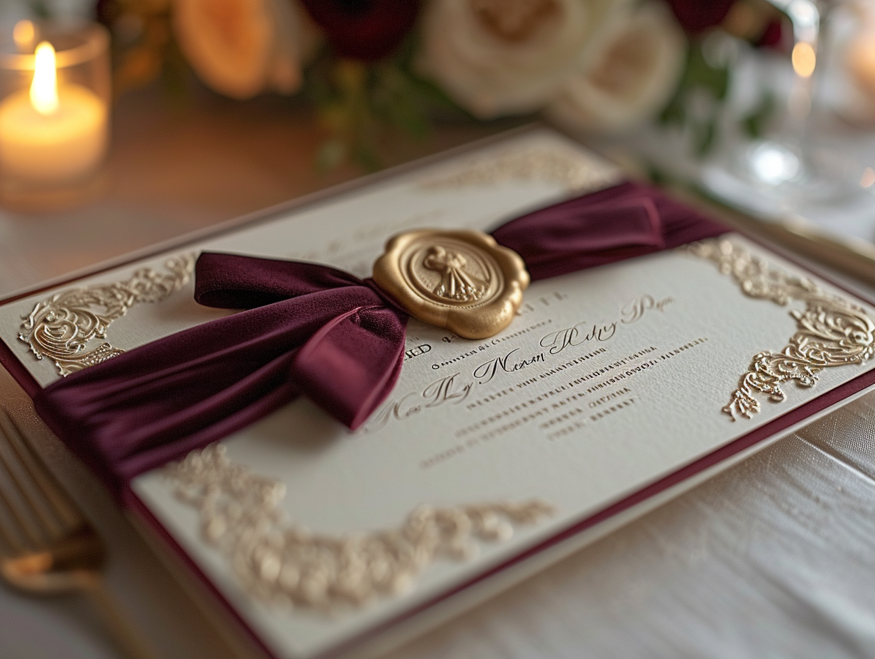 French calligraphy dinner party invitation with gold accents