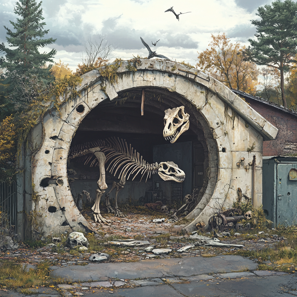 dinosaur bones cover garage, dodo skeleton outside, bomb damage