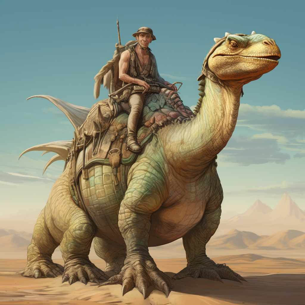 Dinosaur sitting on camel saddle