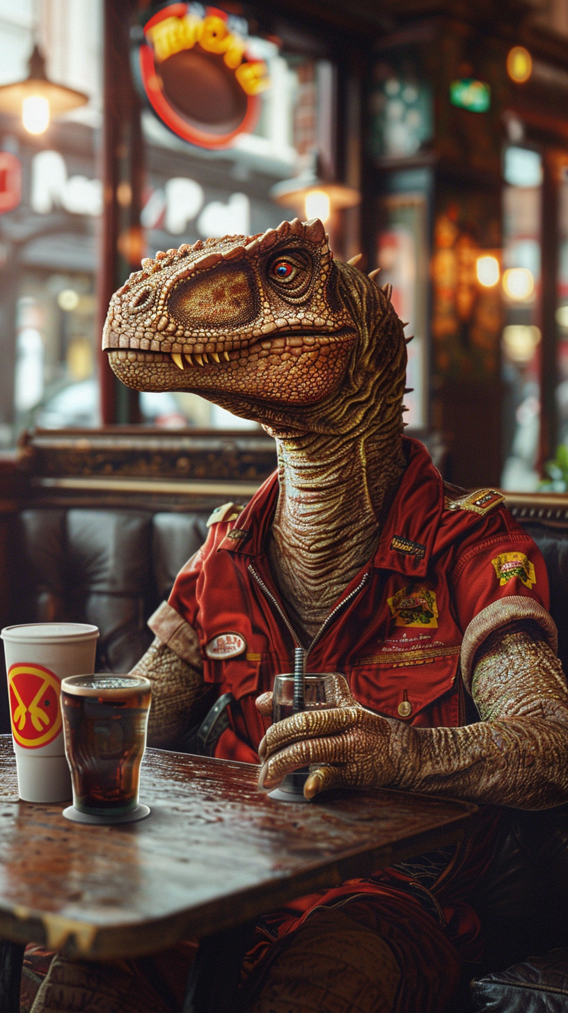 Dinosaur in fast food uniform