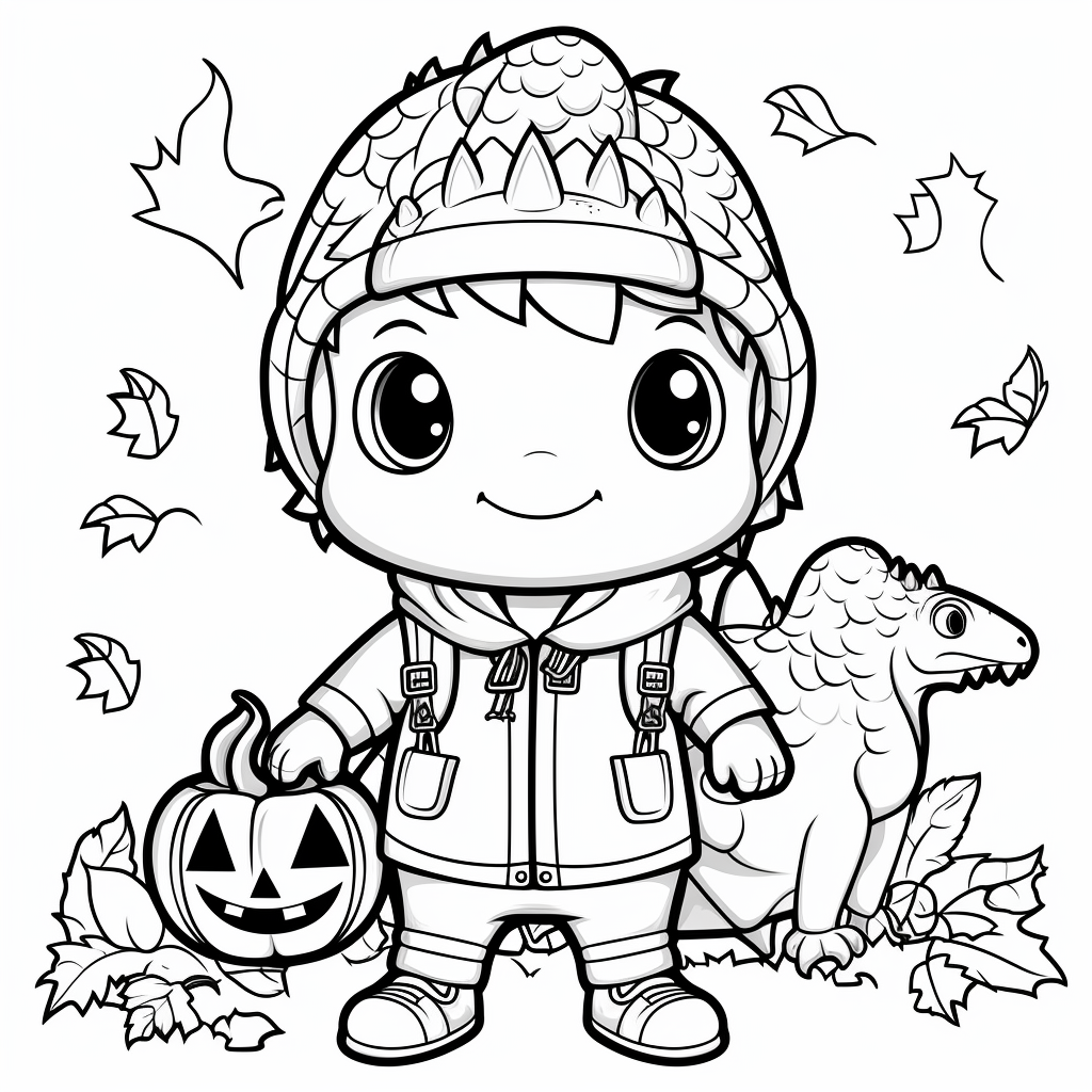 Kid in Dinosaur Halloween Costume: Coloring Page